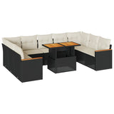 10 Piece Garden Sofa Set with Cushions Black Poly Rattan Acacia - Front View