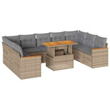 10 Piece Garden Sofa Set with Cushions Beige Poly Rattan Acacia - Front View