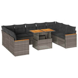 10 Piece Garden Sofa Set with Cushions Grey Poly Rattan Acacia - Front View