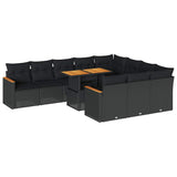 11 Piece Garden Sofa Set with Cushions Black Poly Rattan Acacia - Front View