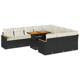 11 Piece Garden Sofa Set with Cushions Black Poly Rattan Acacia - Front View