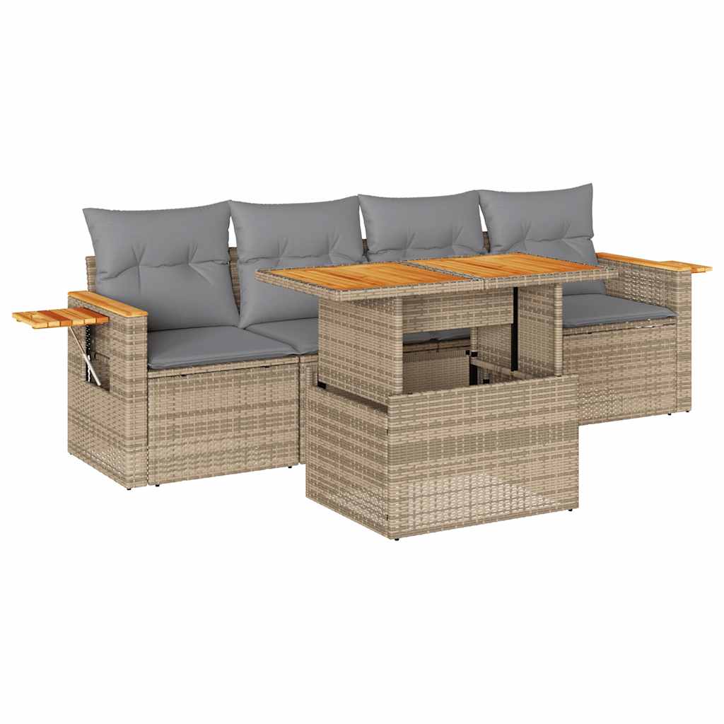 5 Piece Garden Sofa Set with Cushions Beige Poly Rattan Acacia