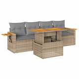 5 Piece Garden Sofa Set with Cushions Beige Poly Rattan Acacia - Front View
