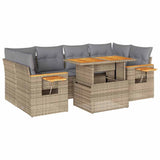 7 Piece Garden Sofa Set with Cushions Beige Poly Rattan Acacia - Front View