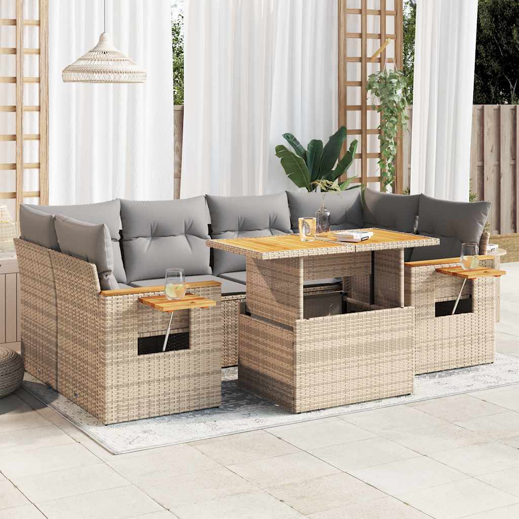 7 Piece Garden Sofa Set with Cushions Beige Poly Rattan Acacia