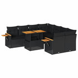 9 Piece Garden Sofa Set with Cushions Black Poly Rattan Acacia - Front View