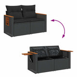9 Piece Garden Sofa Set with Cushions Black Poly Rattan Acacia - Close-Up Angle