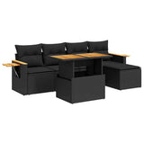6 Piece Garden Sofa Set with Cushions Black Poly Rattan Acacia - Front View