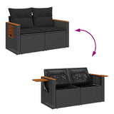 6 Piece Garden Sofa Set with Cushions Black Poly Rattan Acacia - Low Angle