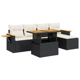 6 Piece Garden Sofa Set with Cushions Black Poly Rattan Acacia - Front View