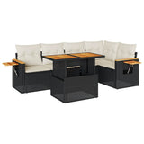5 Piece Garden Sofa Set with Cushions Black Poly Rattan Acacia