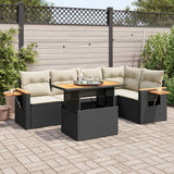5 Piece Garden Sofa Set with Cushions Black Poly Rattan Acacia