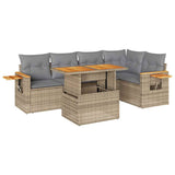 5 Piece Garden Sofa Set with Cushions Beige Poly Rattan Acacia - Front View