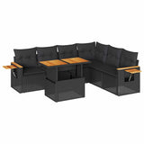 6 Piece Garden Sofa Set with Cushions Black Poly Rattan Acacia - Front View