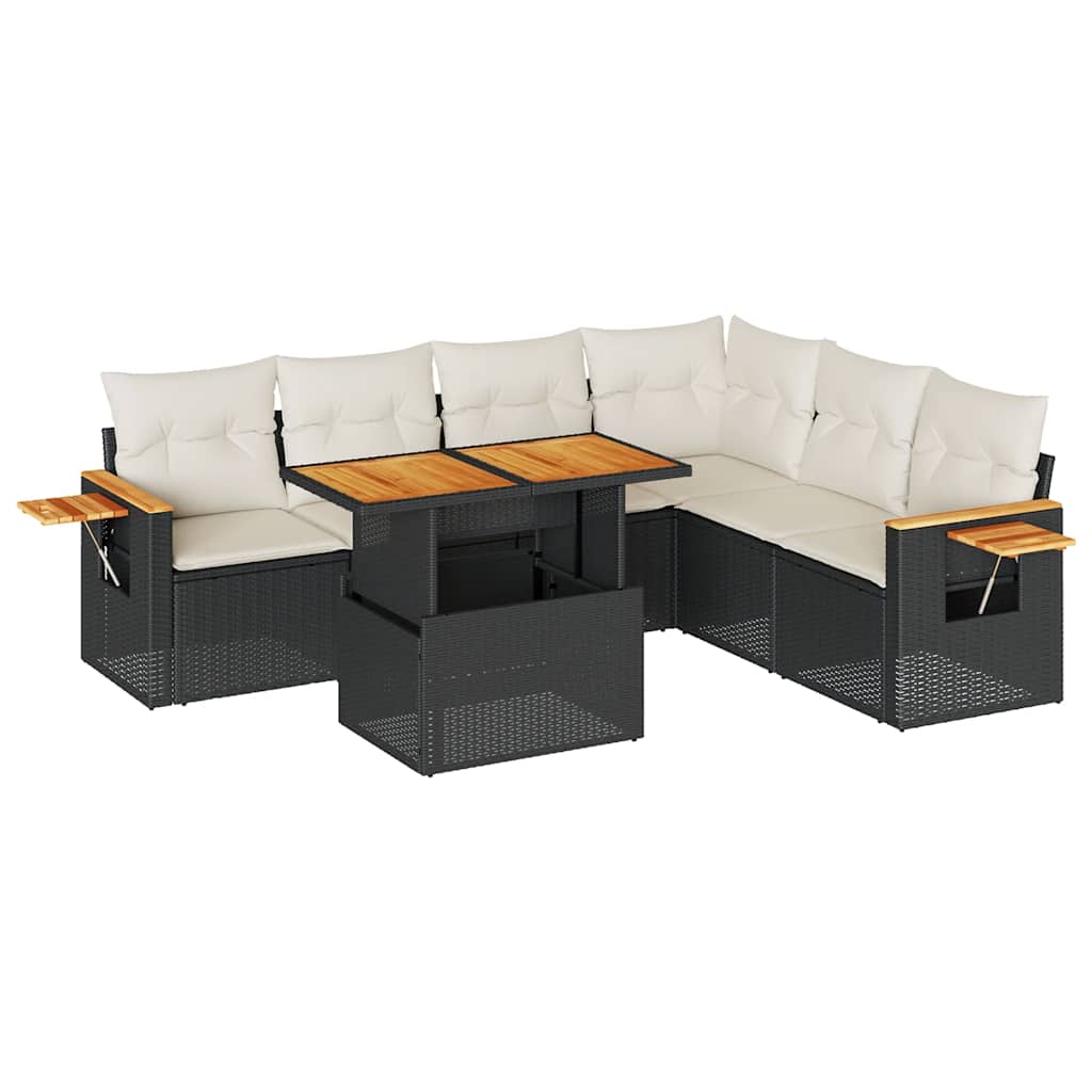 6 Piece Garden Sofa Set with Cushions Black Poly Rattan Acacia