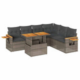 6 Piece Garden Sofa Set with Cushions Grey Poly Rattan Acacia - Front View