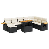 9 Piece Garden Sofa Set with Cushions Black Poly Rattan Acacia - Front View