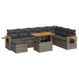 9 Piece Garden Sofa Set with Cushions Grey Poly Rattan Acacia - Front View