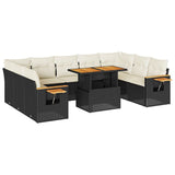 10 Piece Garden Sofa Set with Cushions Black Poly Rattan Acacia - Front View