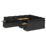 10 Piece Garden Sofa Set with Cushions Black Poly Rattan Acacia - Front View