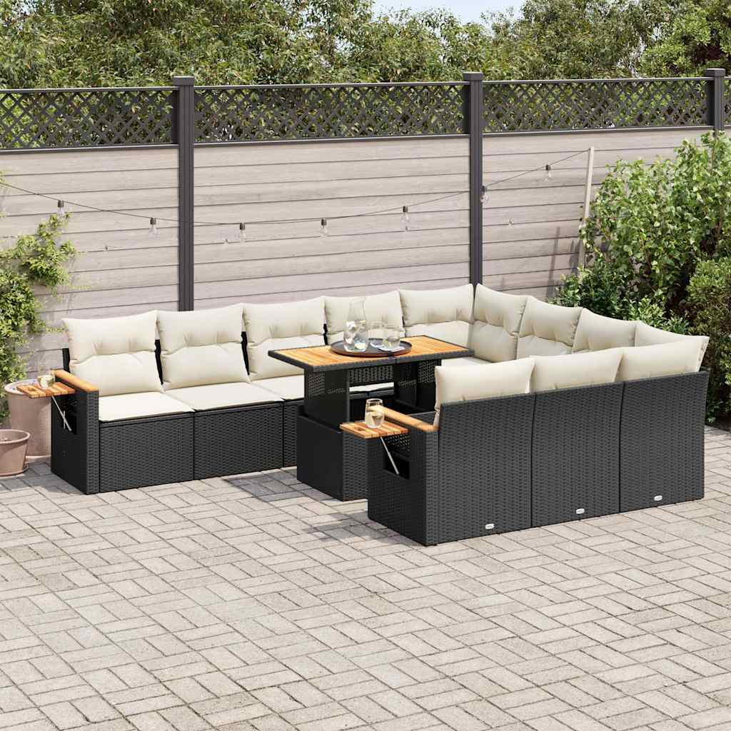 10 Piece Garden Sofa Set with Cushions Black Poly Rattan Acacia