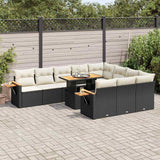 10 Piece Garden Sofa Set with Cushions Black Poly Rattan Acacia
