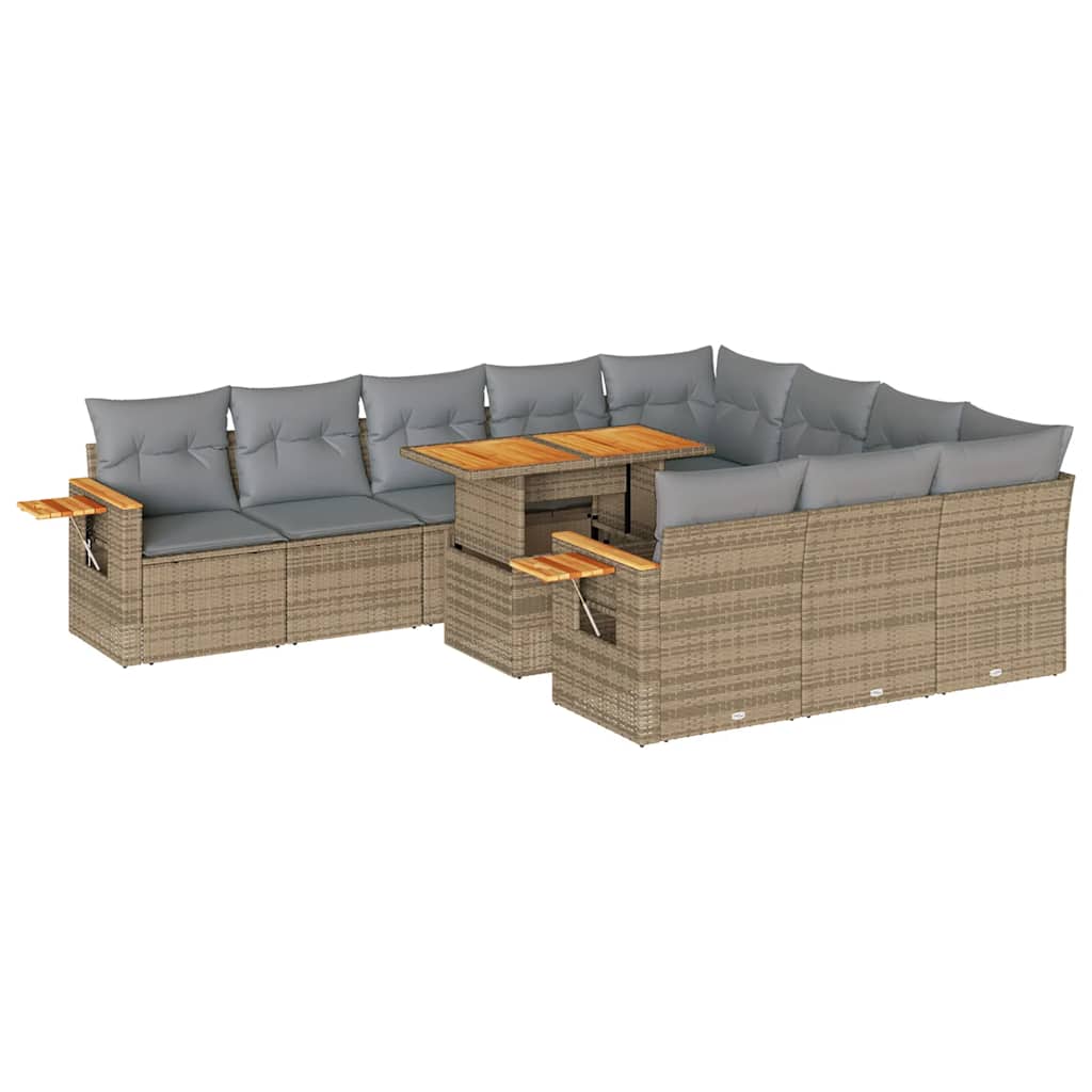 10 Piece Garden Sofa Set with Cushions Beige Poly Rattan Acacia