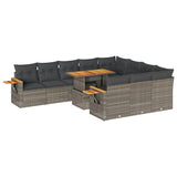 10 Piece Garden Sofa Set with Cushions Grey Poly Rattan Acacia - Front View