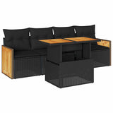 5 Piece Garden Sofa Set with Cushions Black Poly Rattan Acacia - Front View