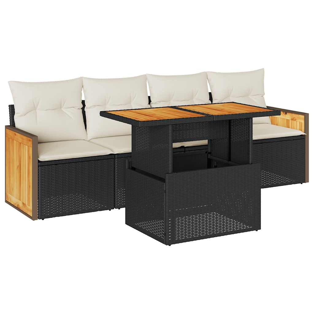 5 Piece Garden Sofa Set with Cushions Black Poly Rattan Acacia
