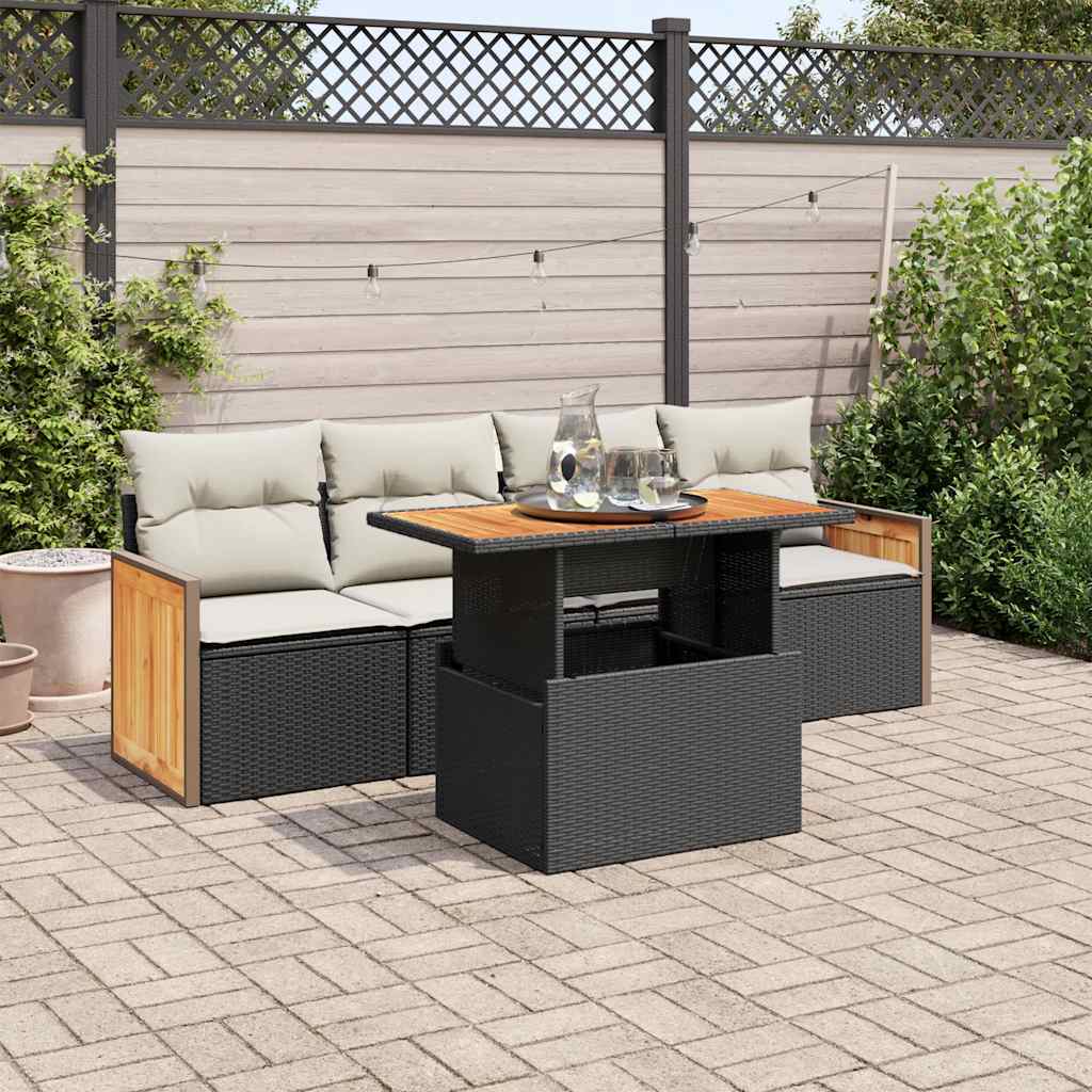 5 Piece Garden Sofa Set with Cushions Black Poly Rattan Acacia