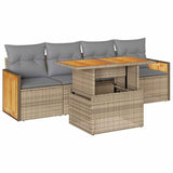 5 Piece Garden Sofa Set with Cushions Beige Poly Rattan Acacia