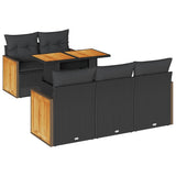 6 Piece Garden Sofa Set with Cushions Black Poly Rattan Acacia - Front View