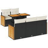 6 Piece Garden Sofa Set with Cushions Black Poly Rattan Acacia - Front View