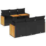 7 Piece Garden Sofa Set with Cushions Black Poly Rattan Acacia - Front View