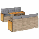 7 Piece Garden Sofa Set with Cushions Beige Poly Rattan Acacia - Front View