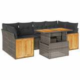 7 Piece Garden Sofa Set with Cushions Grey Poly Rattan Acacia