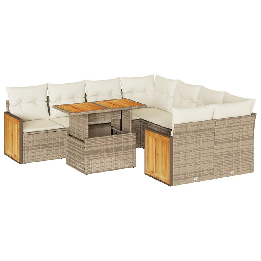 9 Piece Garden Sofa Set with Cushions Beige Poly Rattan Acacia