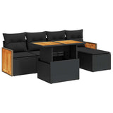 6 Piece Garden Sofa Set with Cushions Black Poly Rattan Acacia - Front View