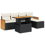 6 Piece Garden Sofa Set with Cushions Black Poly Rattan Acacia - Front View