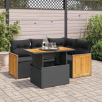 5 Piece Garden Sofa Set with Cushions Black Poly Rattan Acacia