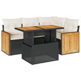 5 Piece Garden Sofa Set with Cushions Black Poly Rattan Acacia - Front View