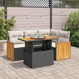5 Piece Garden Sofa Set with Cushions Black Poly Rattan Acacia