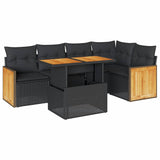 6 Piece Garden Sofa Set with Cushions Black Poly Rattan Acacia - Front View
