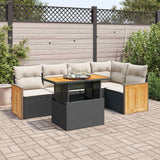 6 Piece Garden Sofa Set with Cushions Black Poly Rattan Acacia