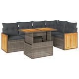 6 Piece Garden Sofa Set with Cushions Grey Poly Rattan Acacia - Front View