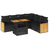 7 Piece Garden Sofa Set with Cushions Black Poly Rattan Acacia - Front View