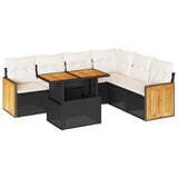 7 Piece Garden Sofa Set with Cushions Black Poly Rattan Acacia - Front View