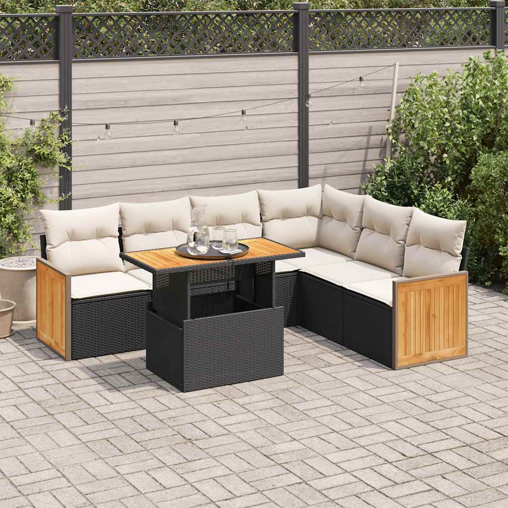 7 Piece Garden Sofa Set with Cushions Black Poly Rattan Acacia