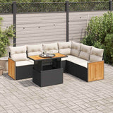 7 Piece Garden Sofa Set with Cushions Black Poly Rattan Acacia